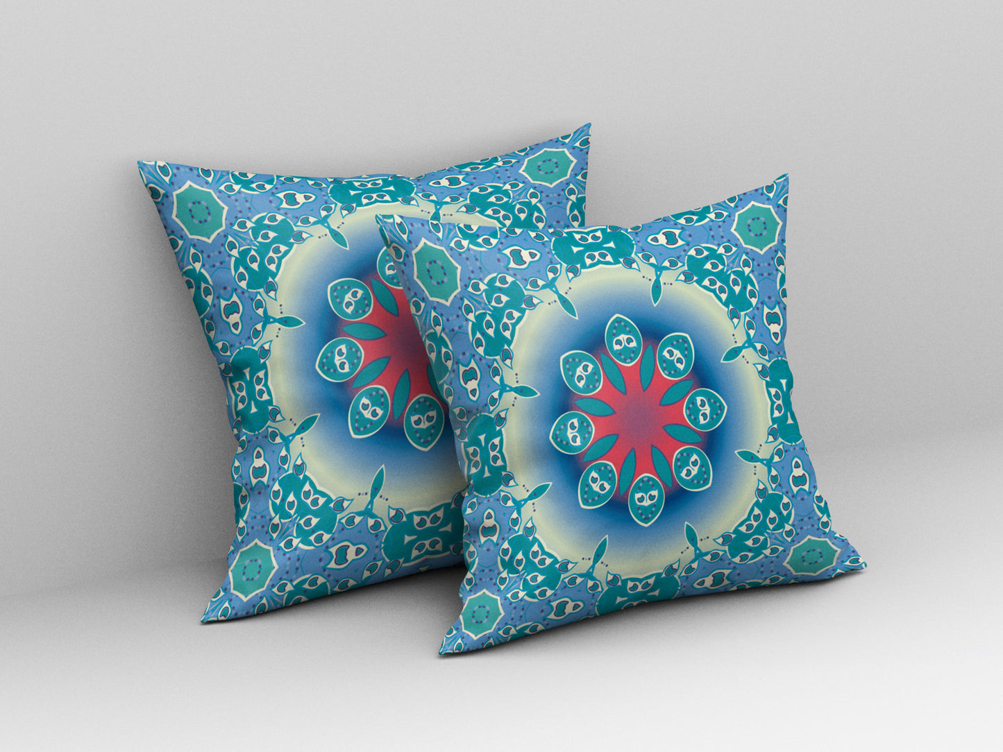 18" X 18" Blue And Red Geometric Blown Seam Suede Throw Pillow
