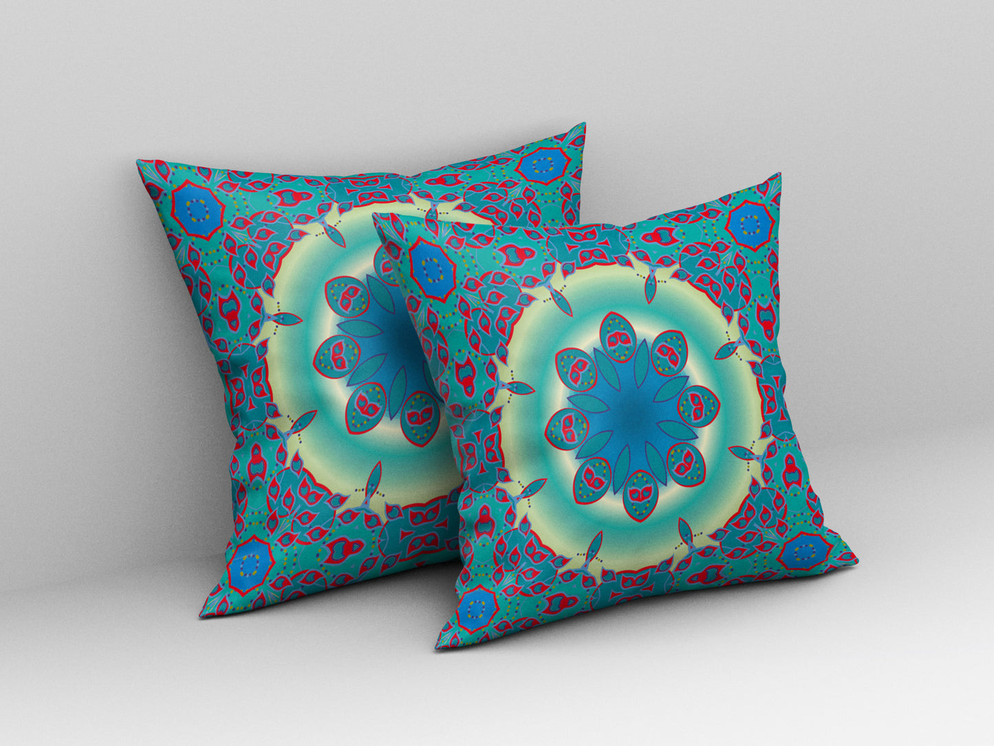 18" X 18" Green And Red Geometric Blown Seam Suede Throw Pillow