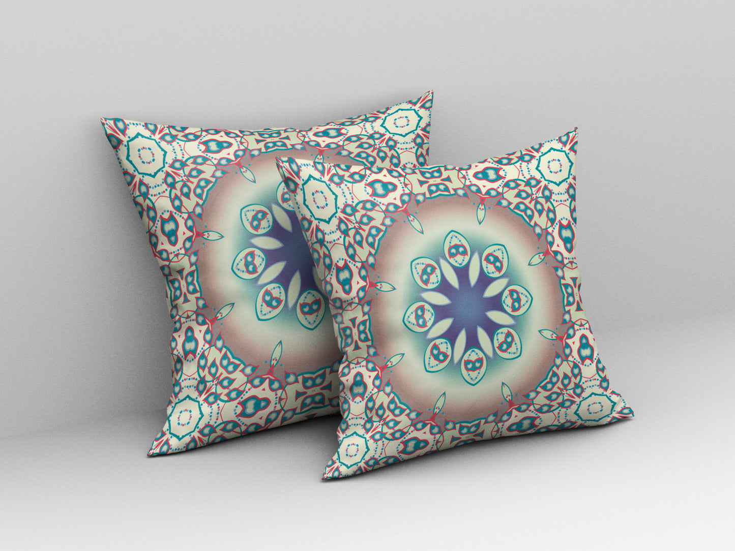 18" X 18" Beige And Blue Geometric Blown Seam Suede Throw Pillow