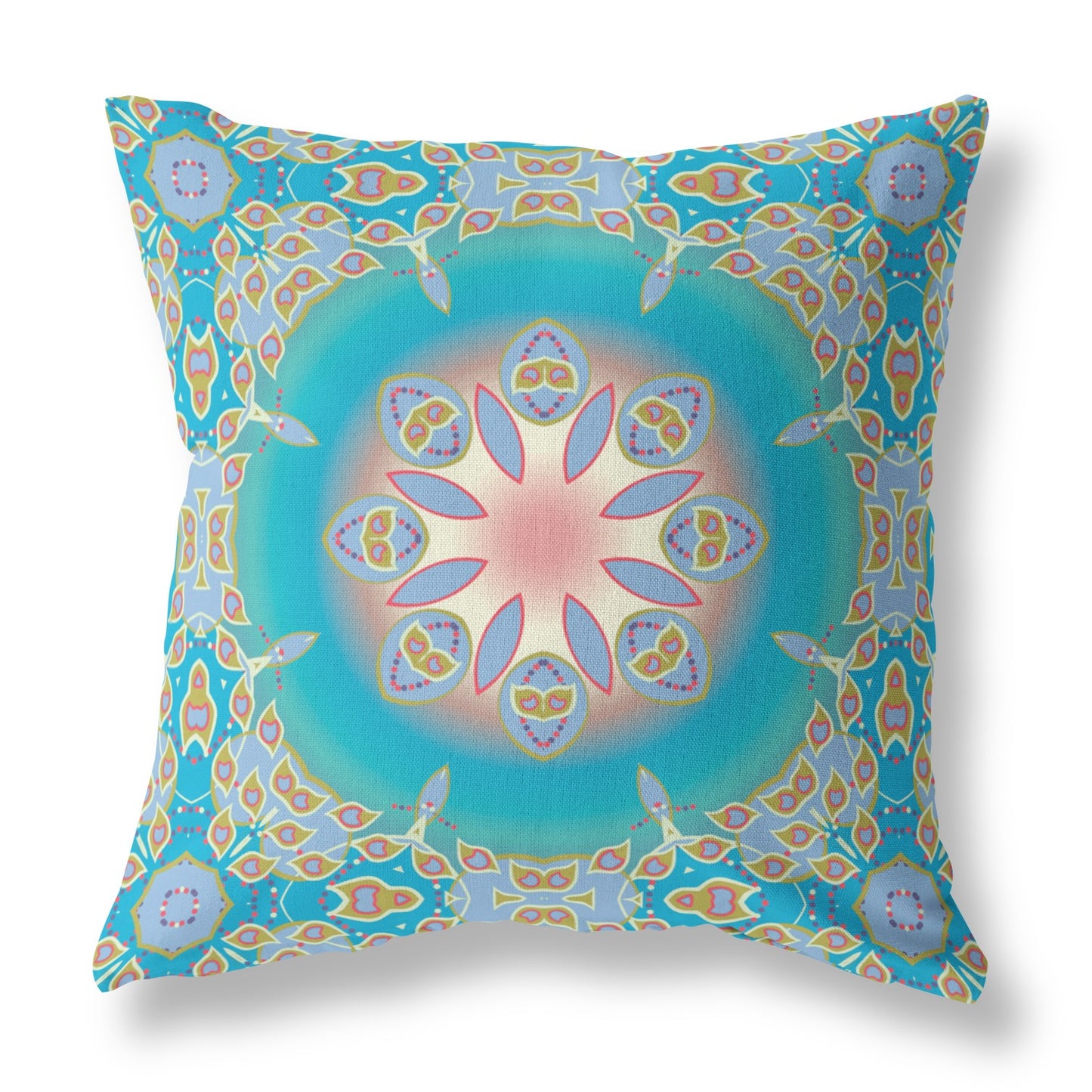 18" X 18" Blue And Green Geometric Blown Seam Suede Throw Pillow
