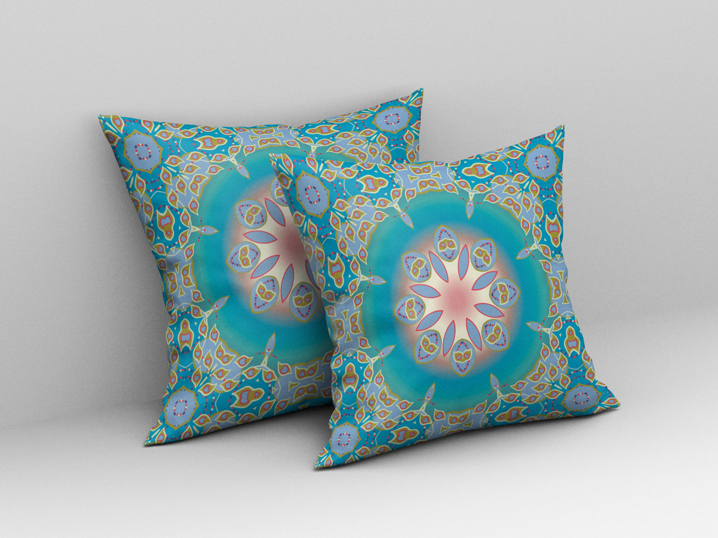 18" X 18" Blue And Green Geometric Blown Seam Suede Throw Pillow