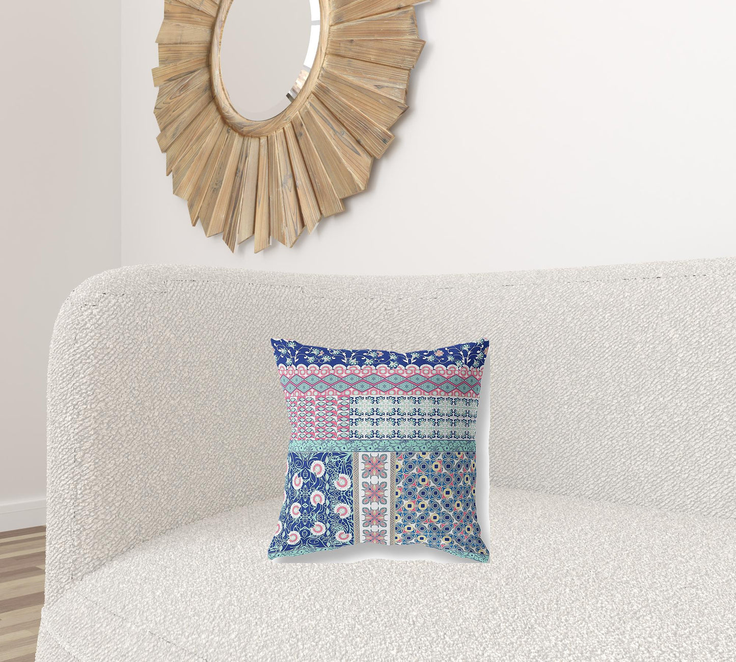 16"X16" Blue And Pink Microsuede Patchwork Blown Seam Pillow