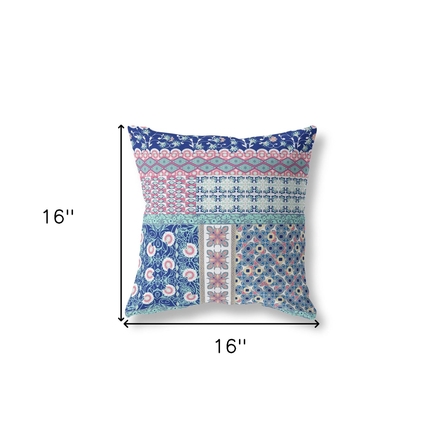 16"X16" Blue And Pink Microsuede Patchwork Blown Seam Pillow