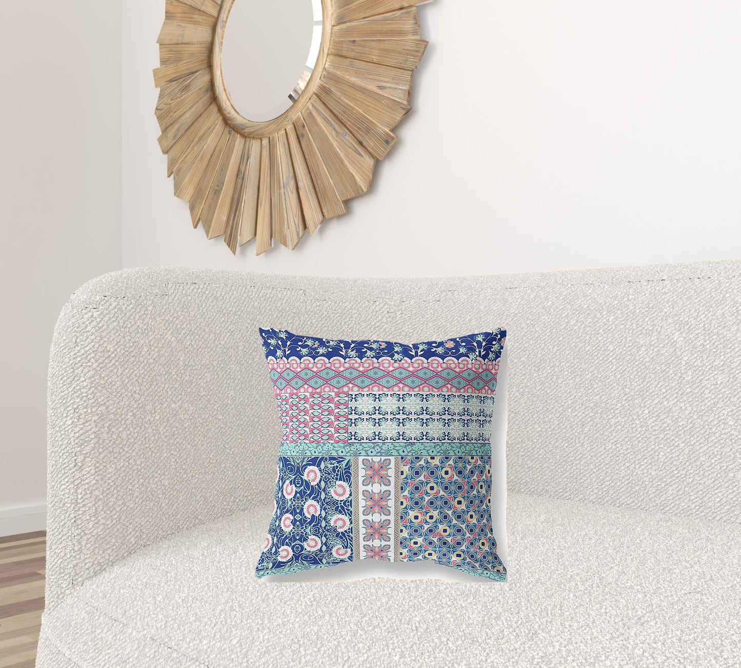 18"X18" Blue And Pink Microsuede Patchwork Blown Seam Pillow