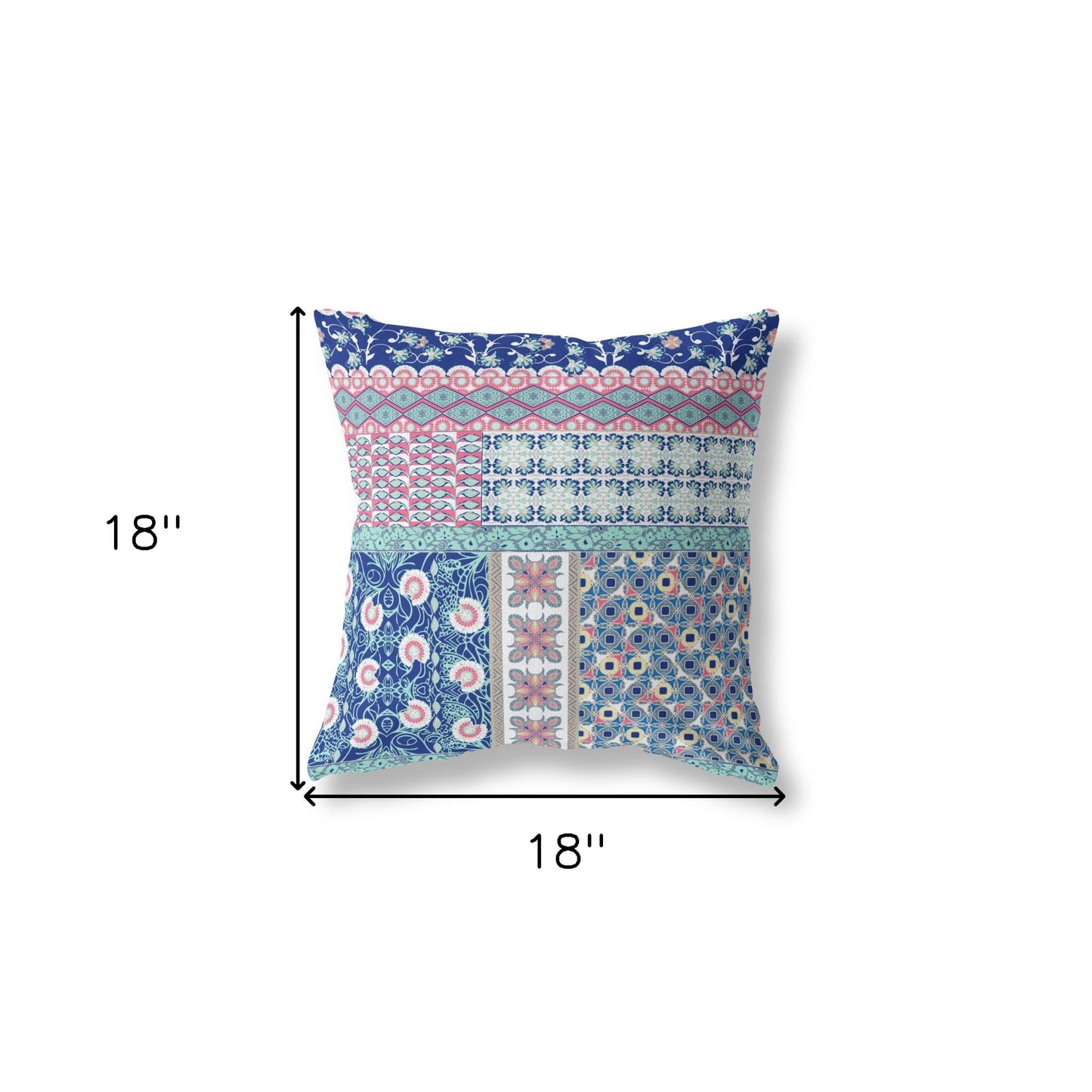 18"X18" Blue And Pink Microsuede Patchwork Blown Seam Pillow