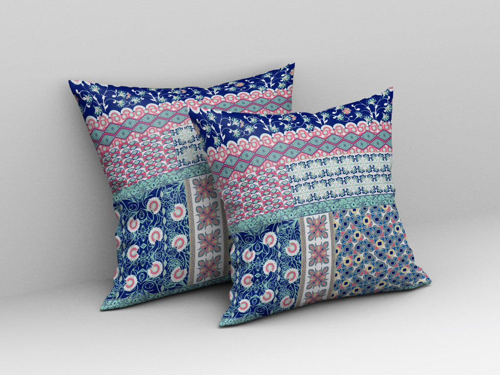18"X18" Blue And Pink Microsuede Patchwork Blown Seam Pillow