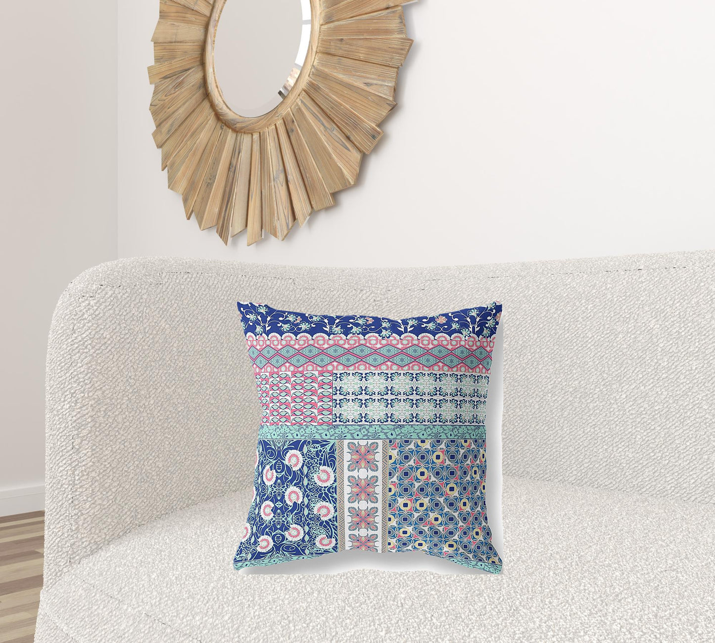 18"X18" Blue And Pink Microsuede Patchwork Blown Seam Pillow