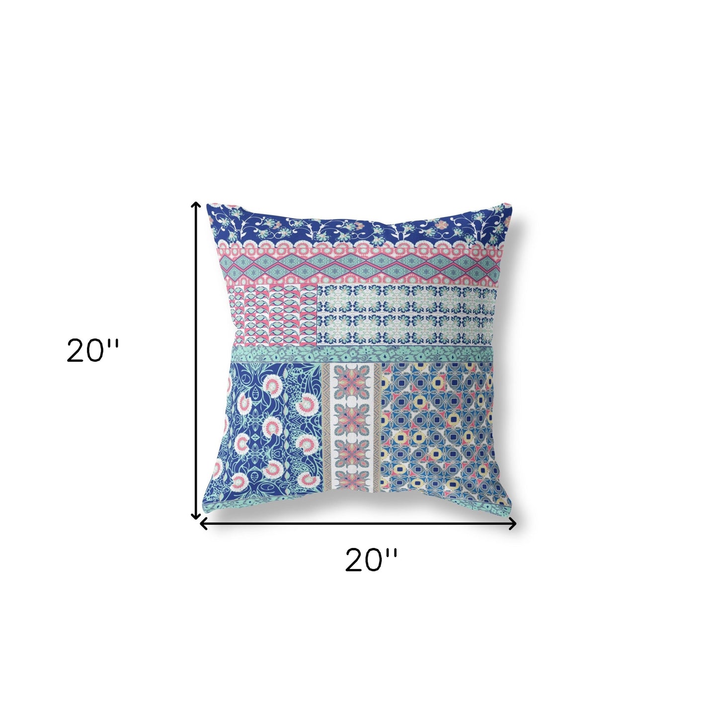 18"X18" Blue And Pink Microsuede Patchwork Blown Seam Pillow
