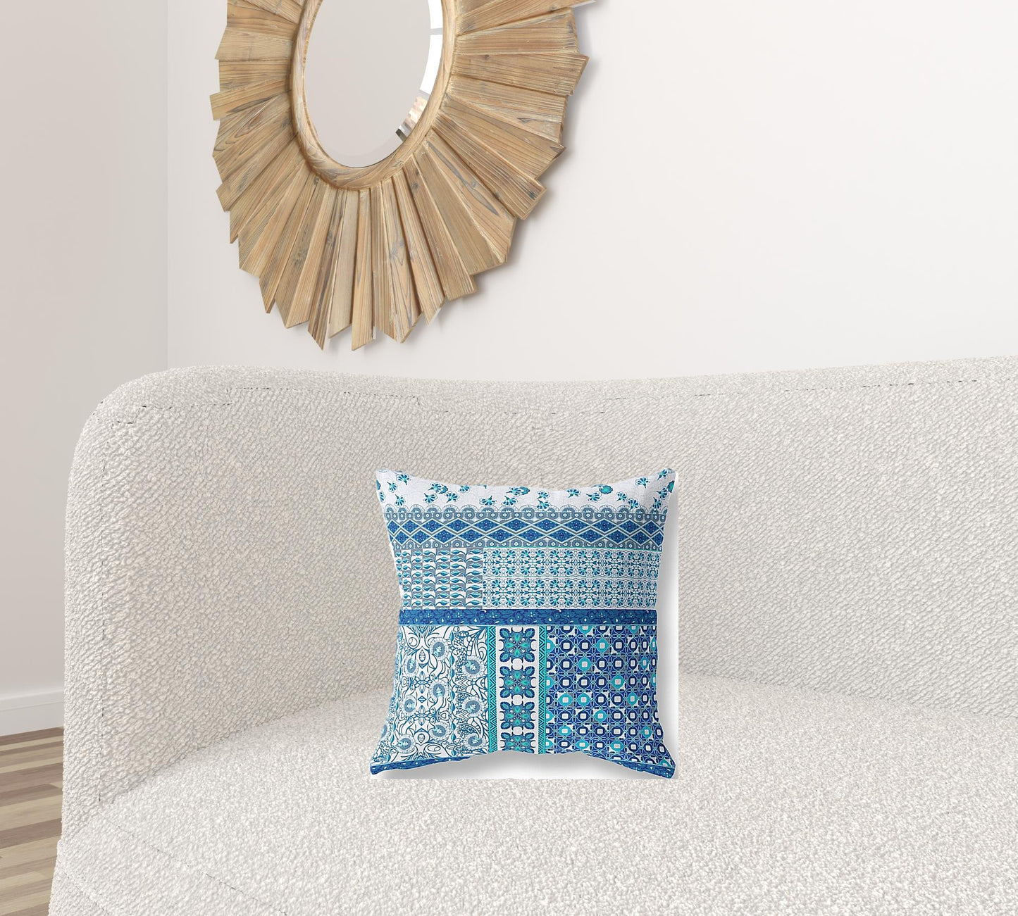 16"X16" Blue And White Microsuede Patchwork Blown Seam Pillow