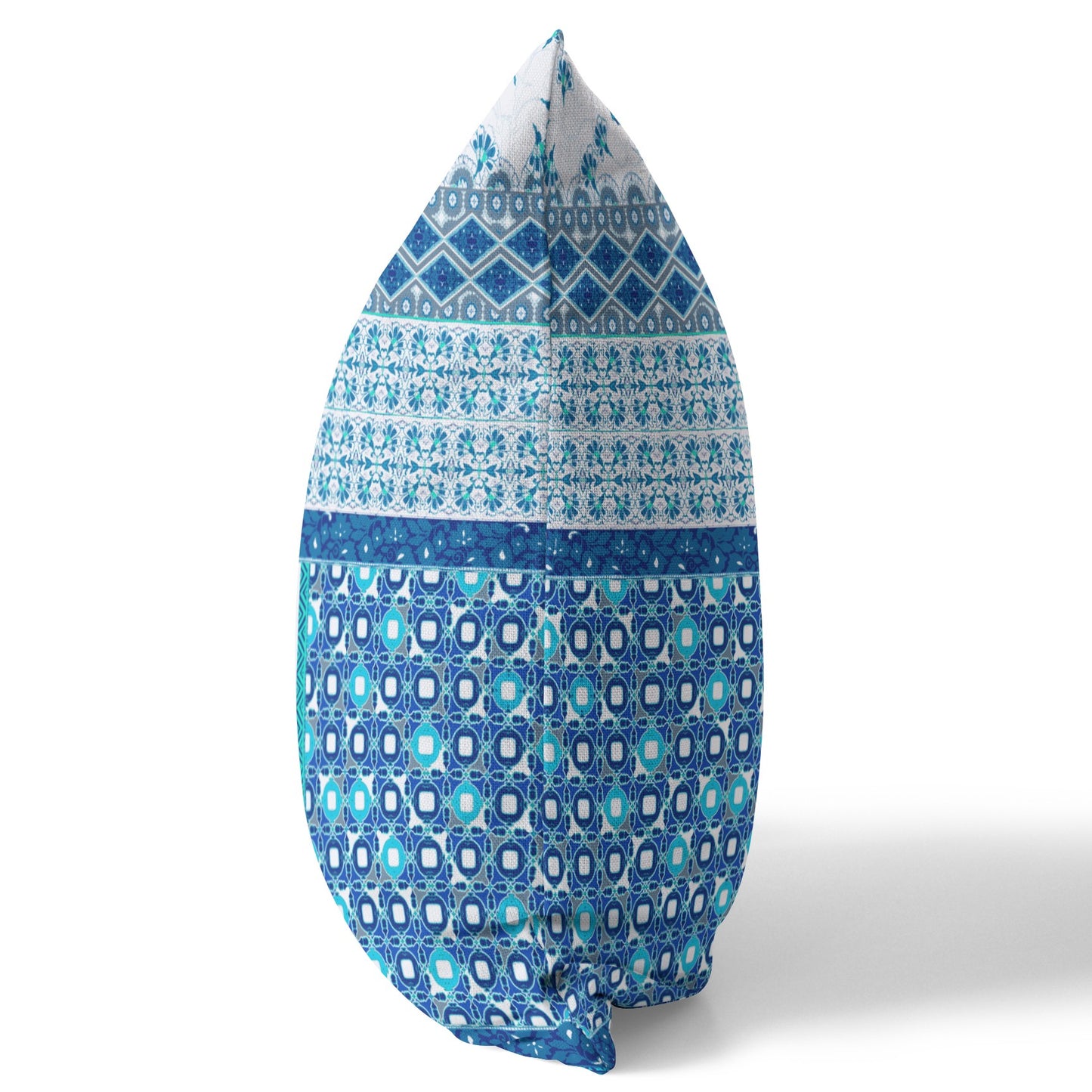18"X18" Blue And White Microsuede Patchwork Blown Seam Pillow