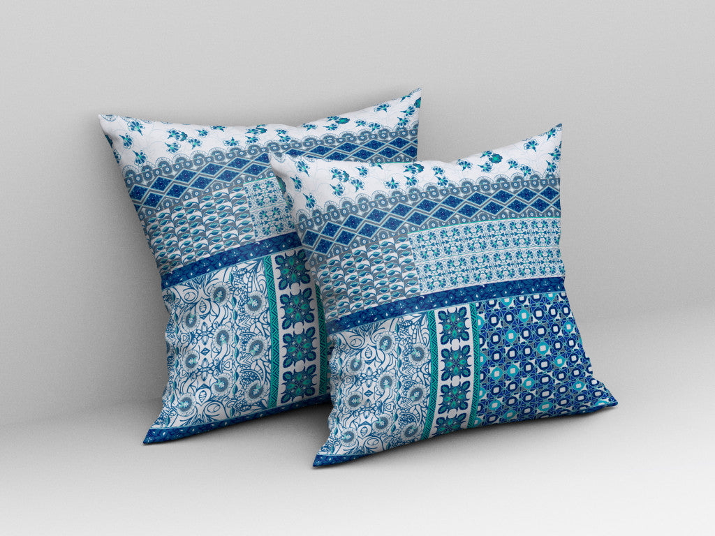 18"X18" Blue And White Microsuede Patchwork Blown Seam Pillow