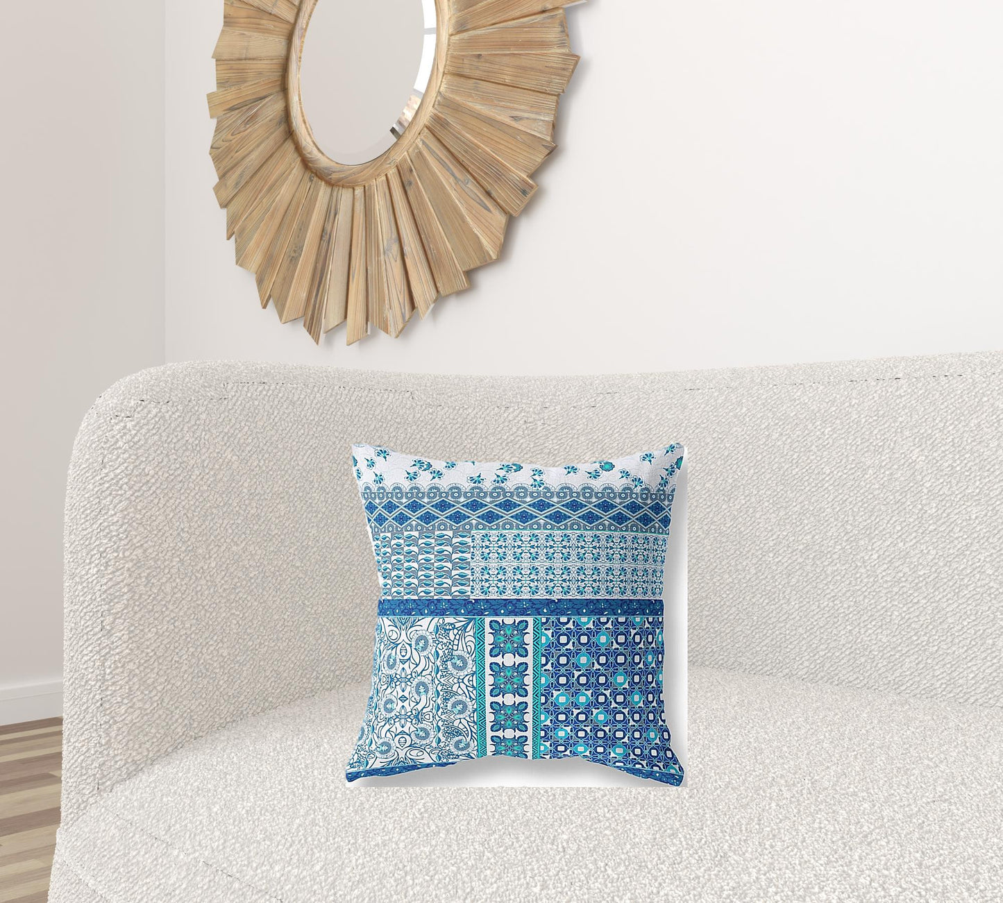 18"X18" Blue And White Microsuede Patchwork Blown Seam Pillow