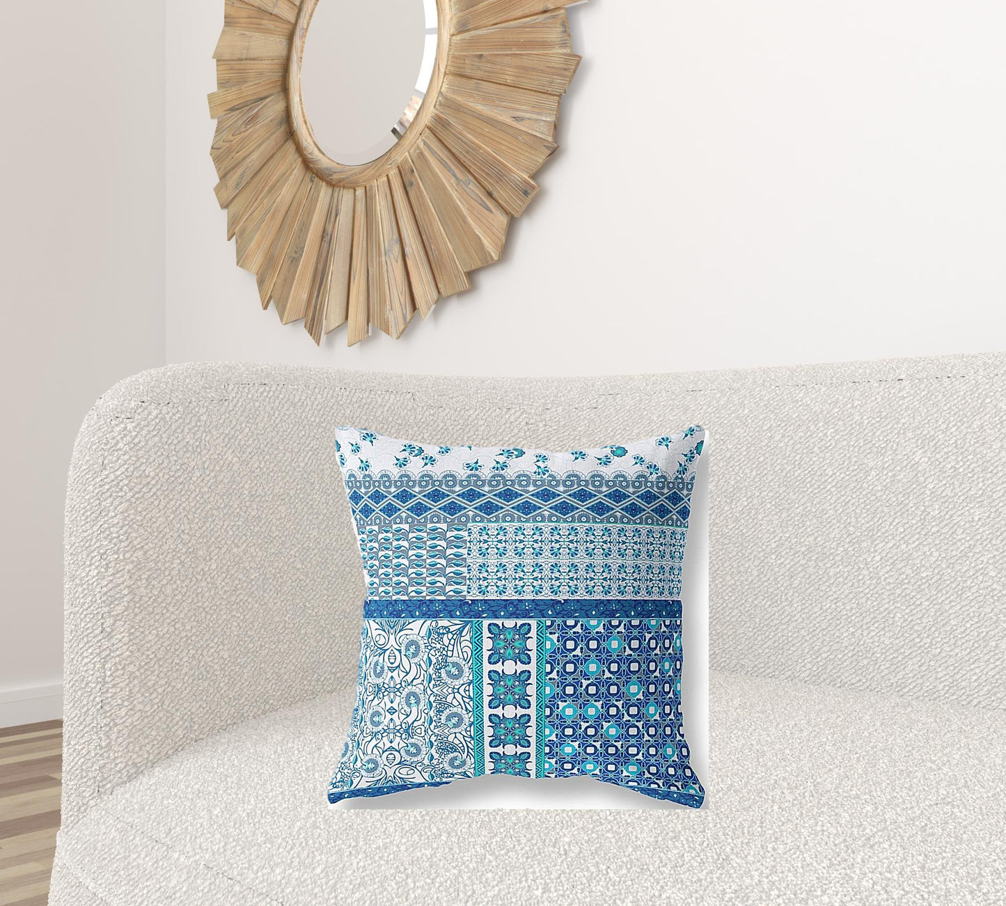 18"X18" Blue And White Microsuede Patchwork Blown Seam Pillow