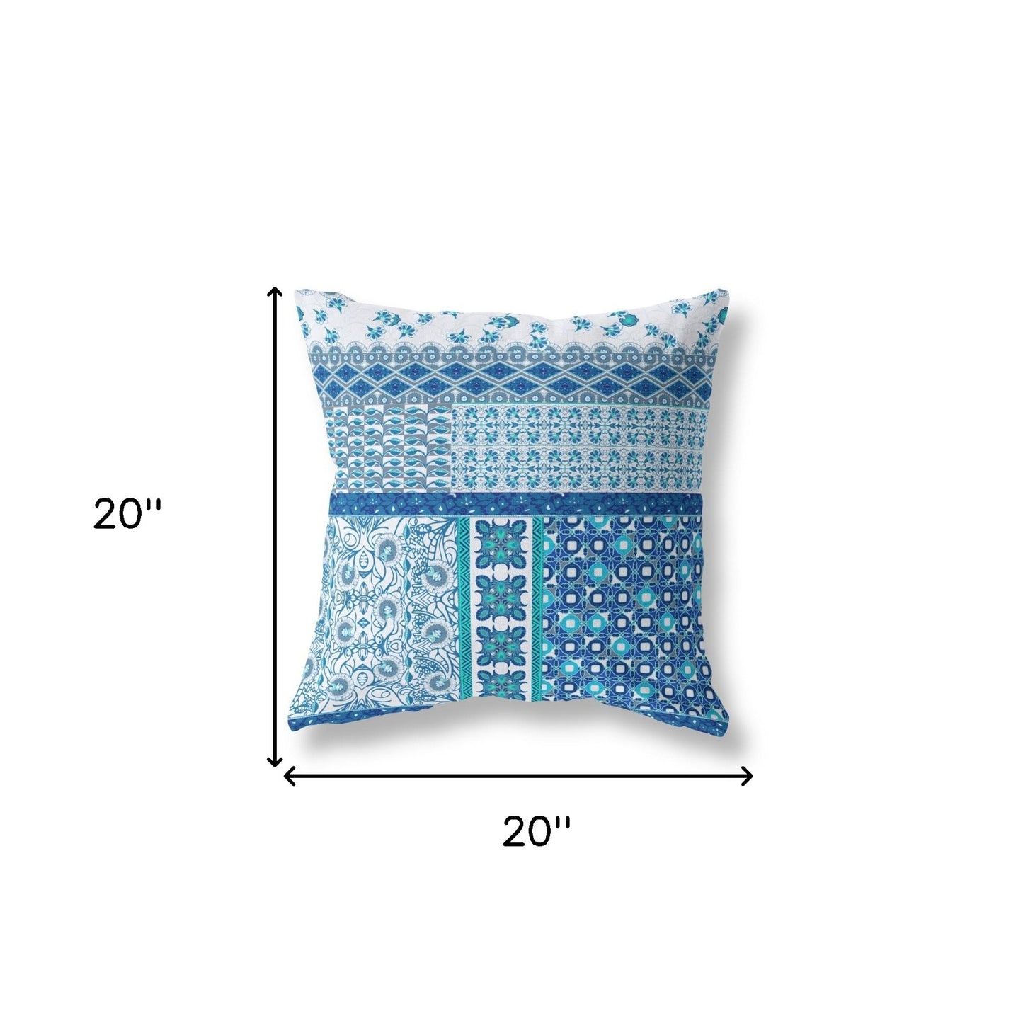 18"X18" Blue And White Microsuede Patchwork Blown Seam Pillow