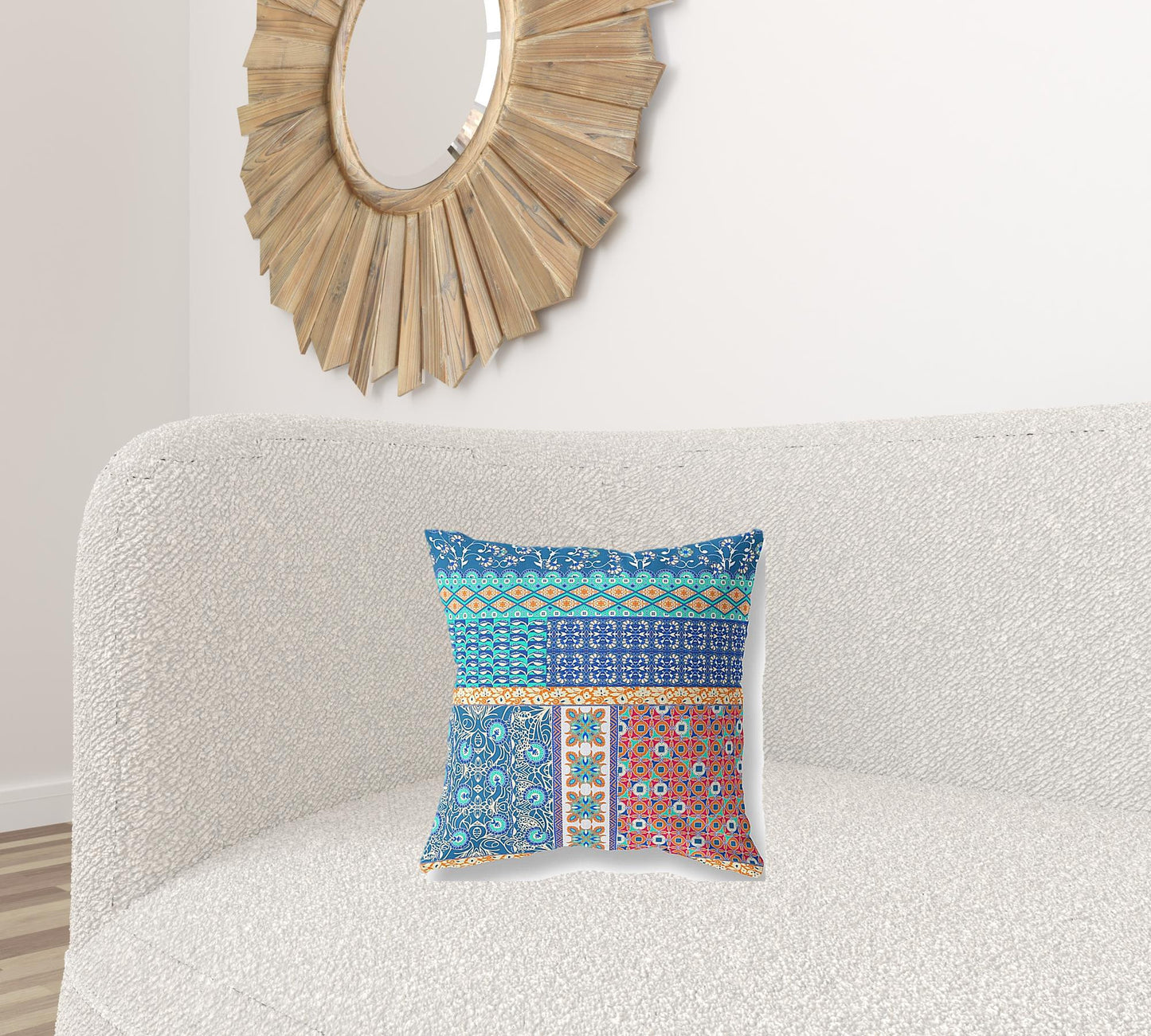 16"X16" Blue And Orange Microsuede Patchwork Blown Seam Pillow