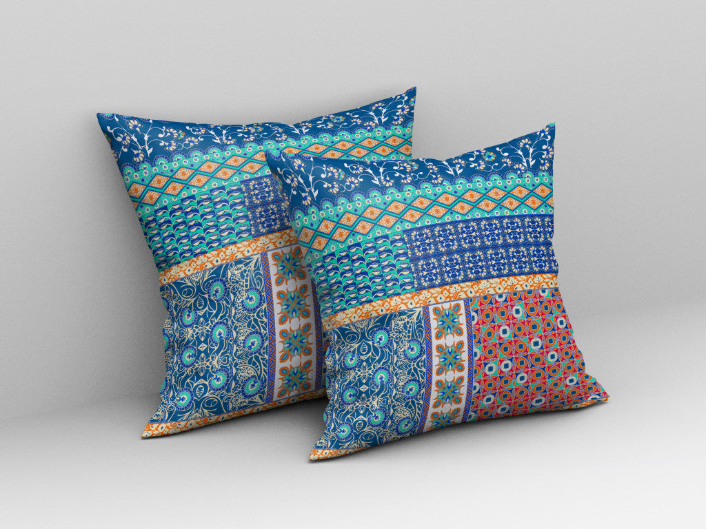 18"X18" Blue And Orange Microsuede Patchwork Blown Seam Pillow