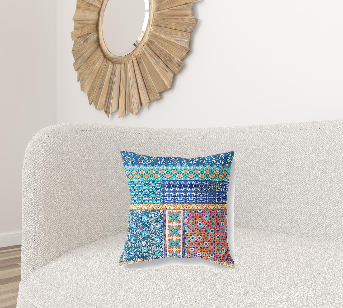 18"X18" Blue And Orange Microsuede Patchwork Blown Seam Pillow