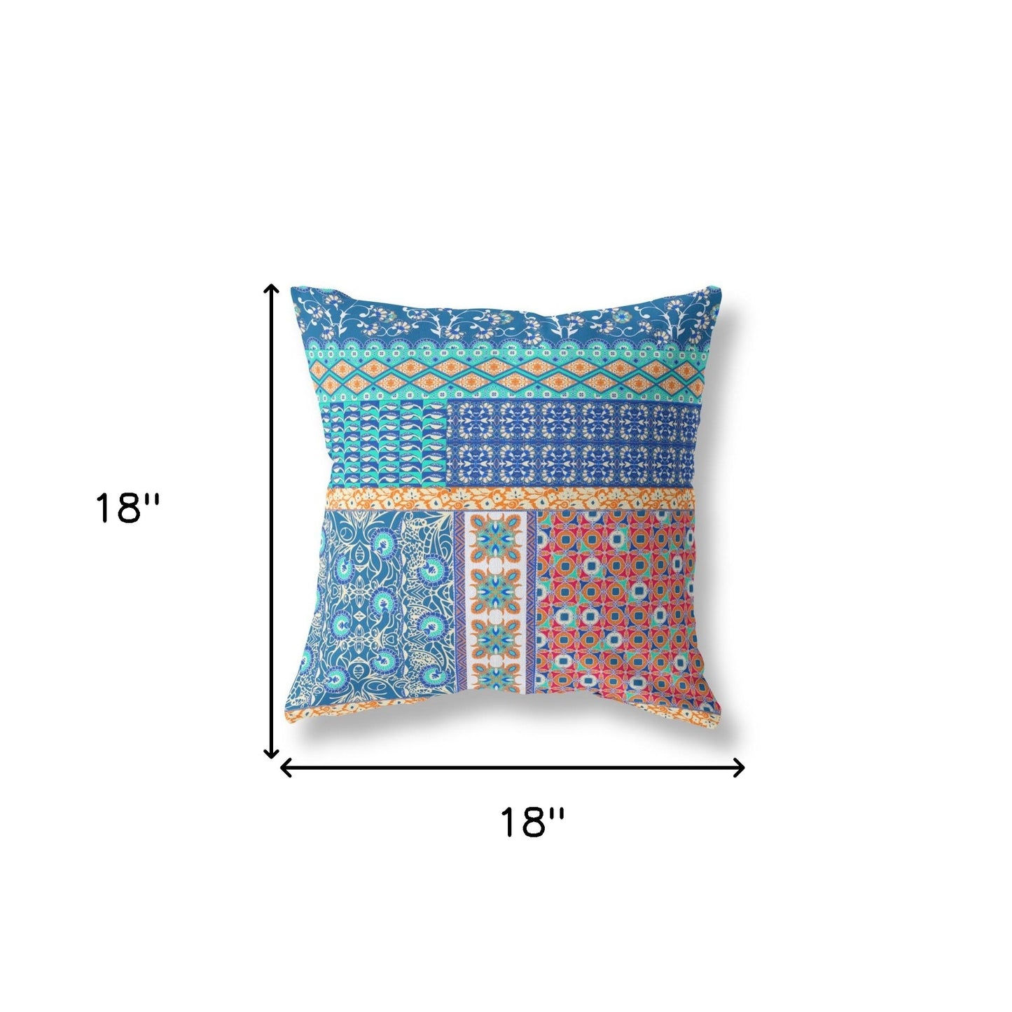 18"X18" Blue And Orange Microsuede Patchwork Blown Seam Pillow
