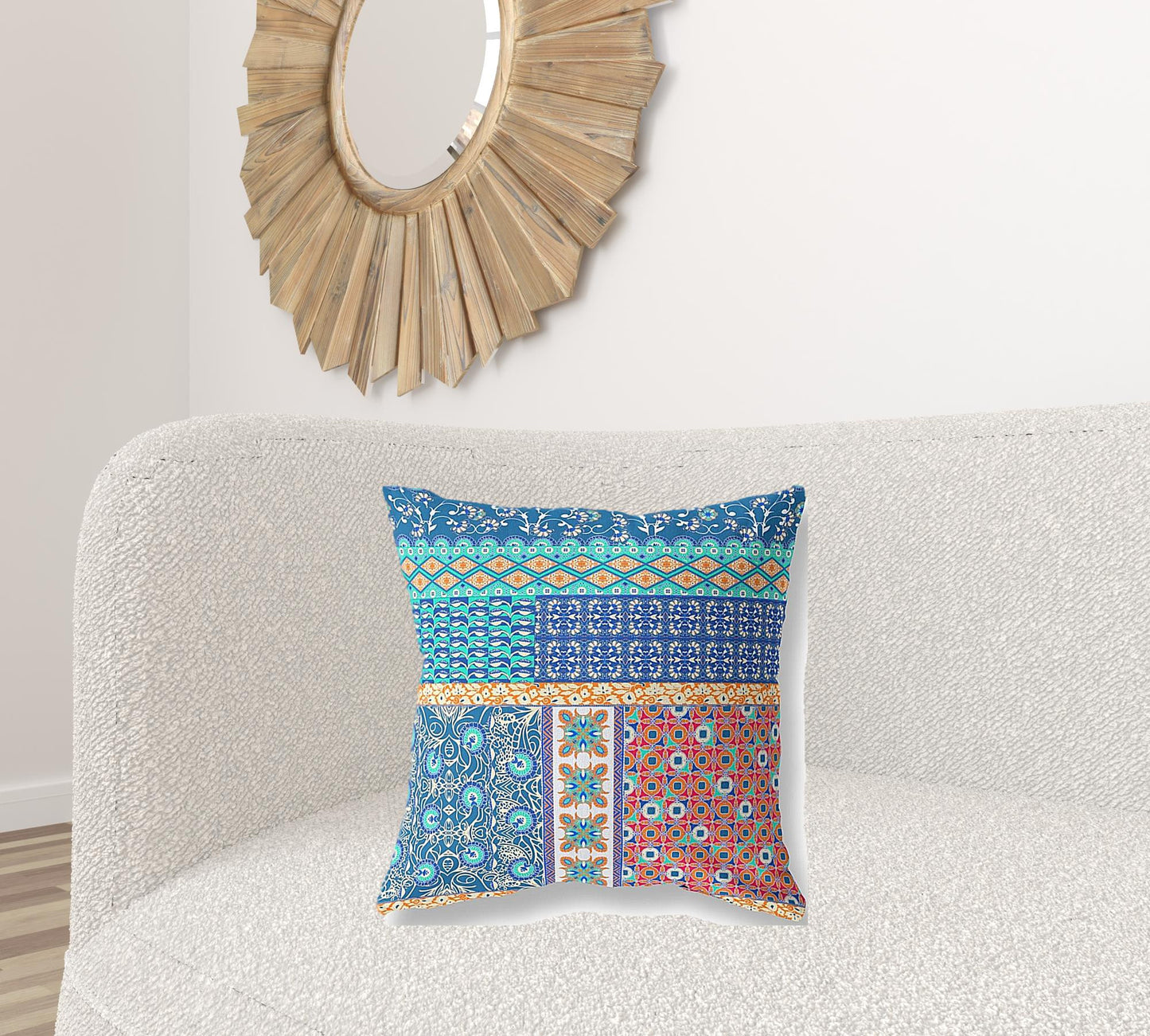 18"X18" Blue And Orange Microsuede Patchwork Blown Seam Pillow