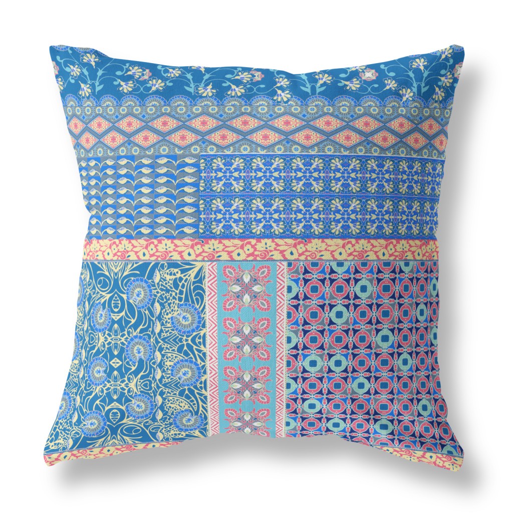 16"X16" Blue And Yellow Microsuede Patchwork Blown Seam Pillow