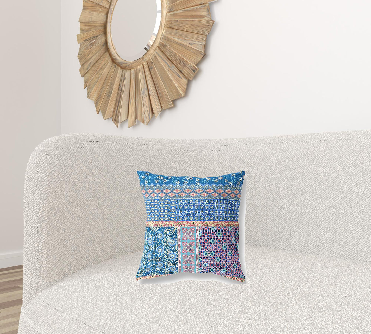 16"X16" Blue And Yellow Microsuede Patchwork Blown Seam Pillow