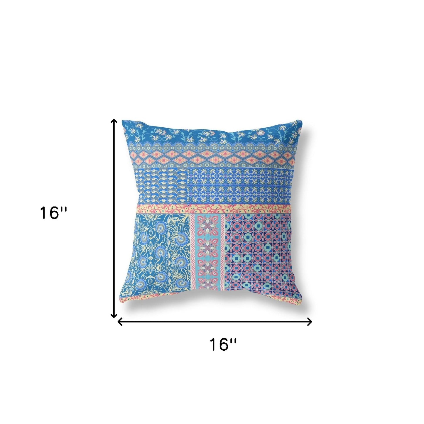 16"X16" Blue And Yellow Microsuede Patchwork Blown Seam Pillow