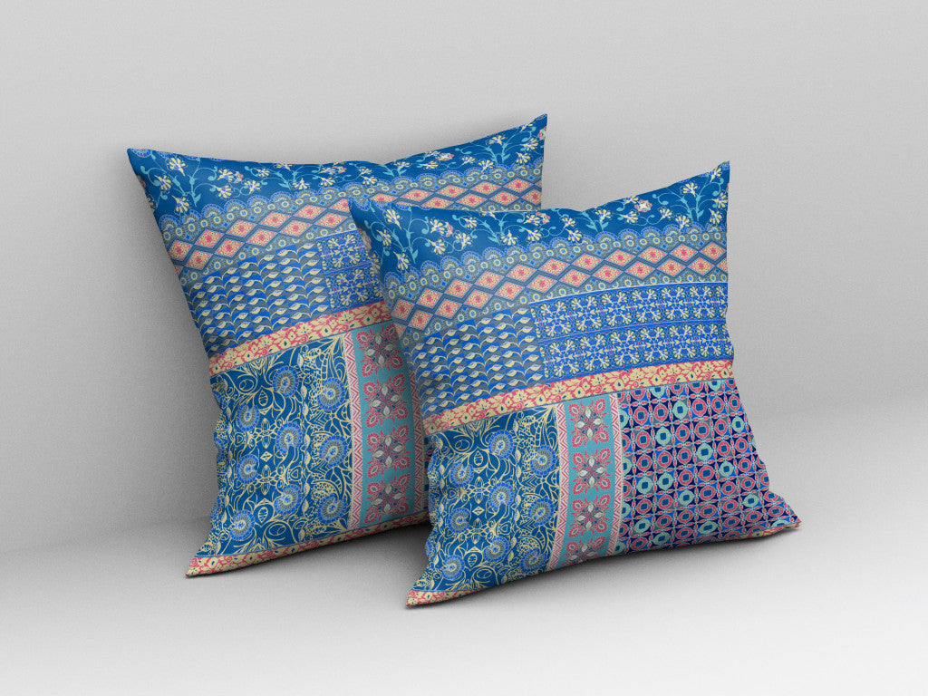 18"X18" Blue And Yellow Microsuede Patchwork Blown Seam Pillow
