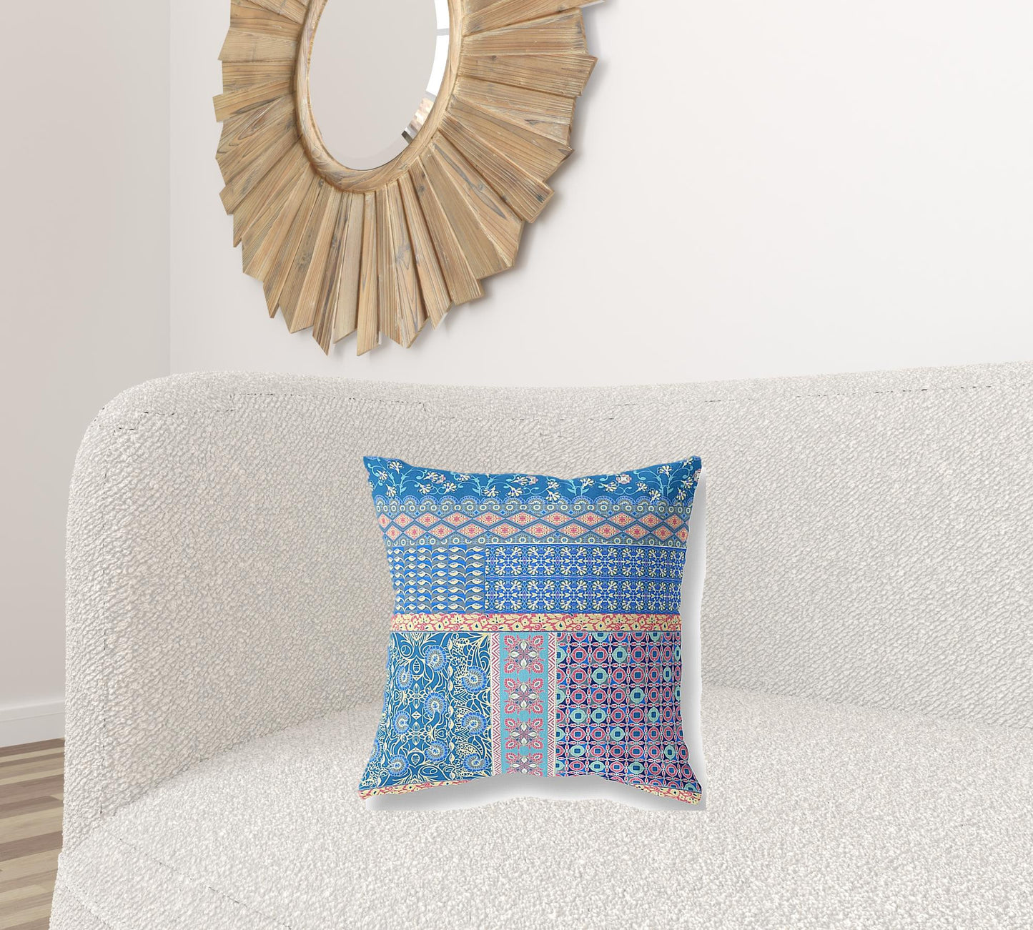 18"X18" Blue And Yellow Microsuede Patchwork Blown Seam Pillow