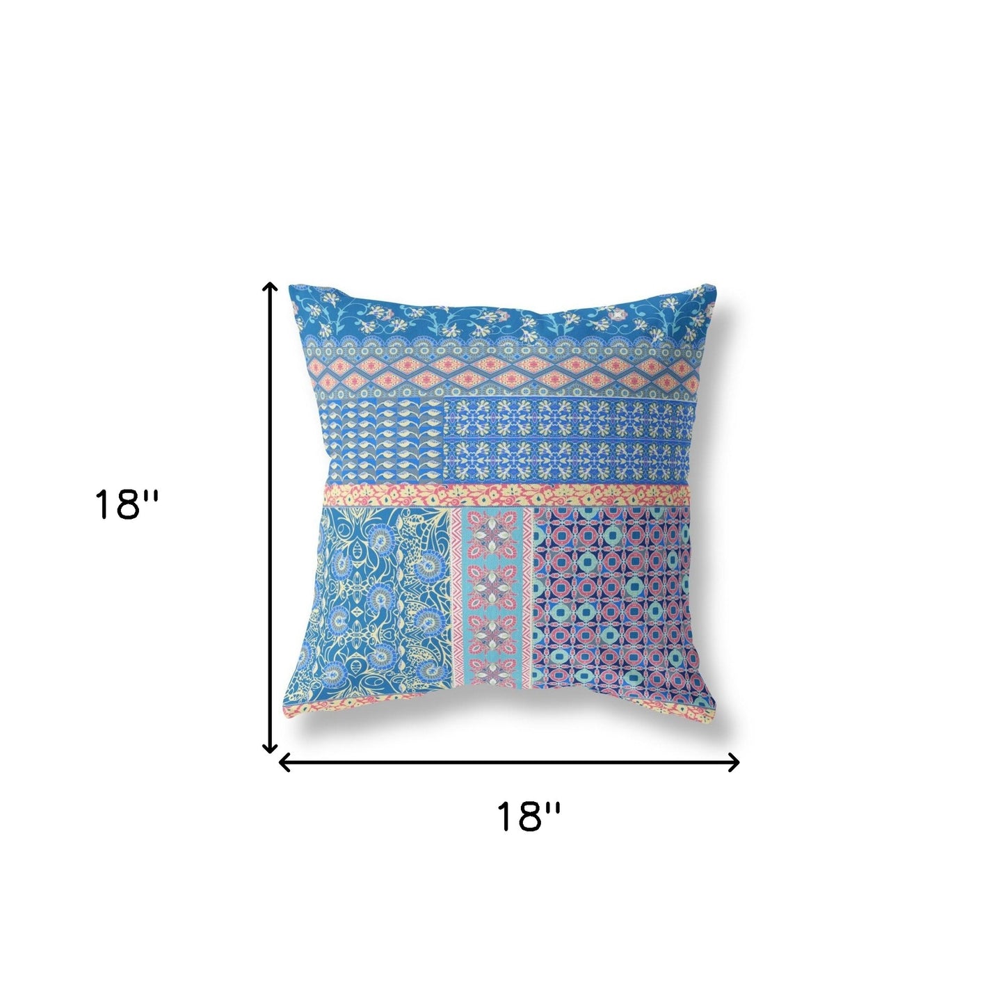 18"X18" Blue And Yellow Microsuede Patchwork Blown Seam Pillow