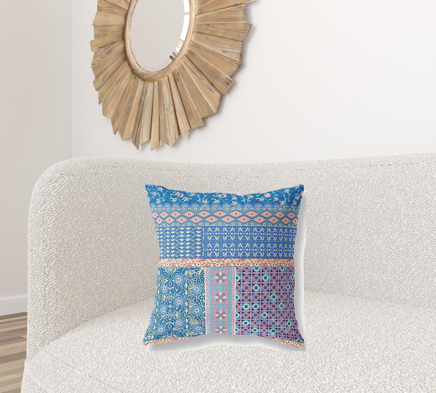 18"X18" Blue And Yellow Microsuede Patchwork Blown Seam Pillow