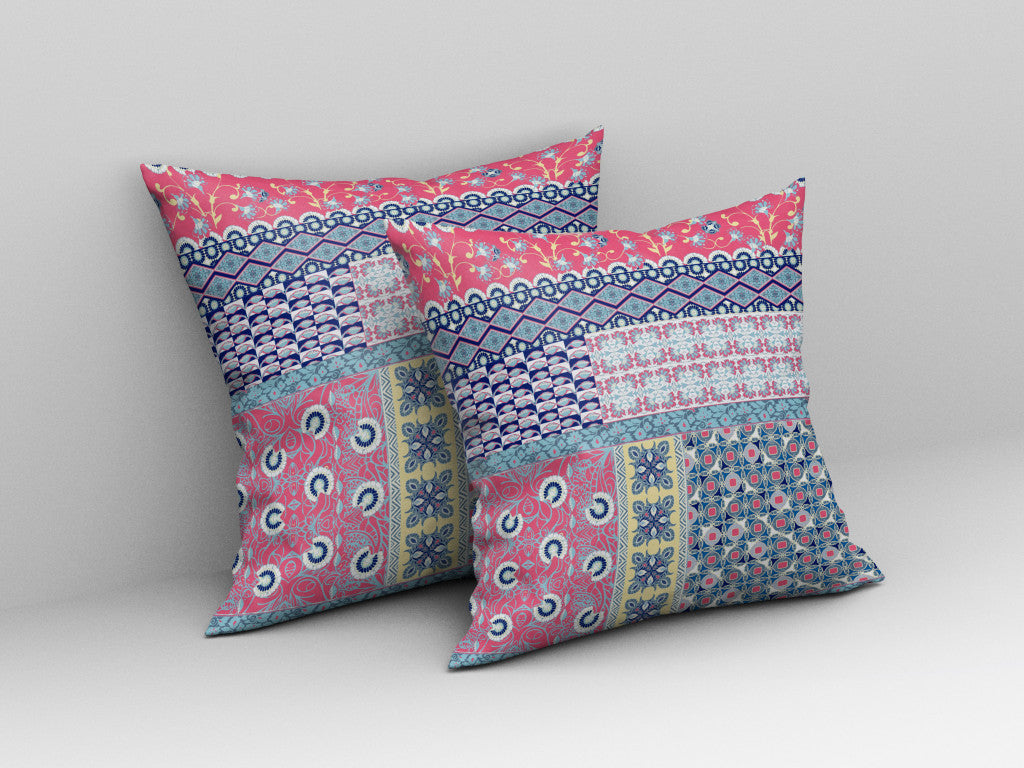 16"X16" Blue And Pink Microsuede Patchwork Blown Seam Pillow