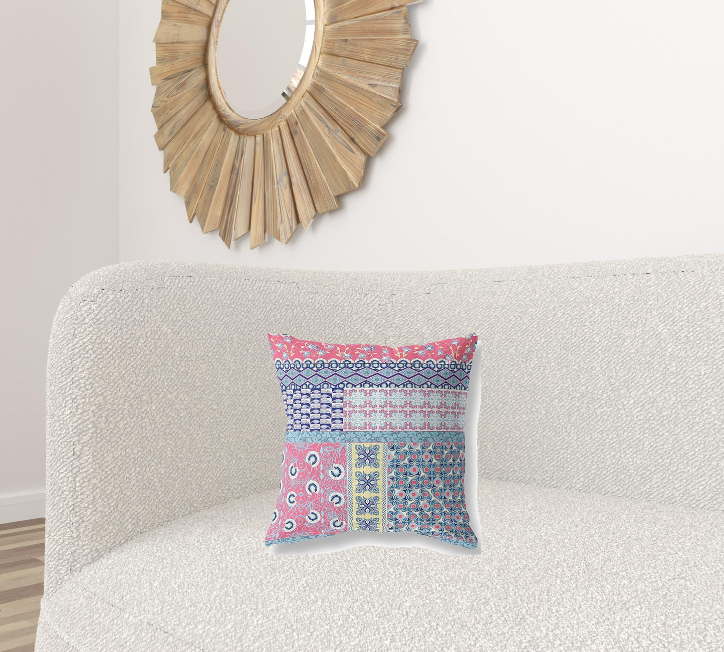 16"X16" Blue And Pink Microsuede Patchwork Blown Seam Pillow