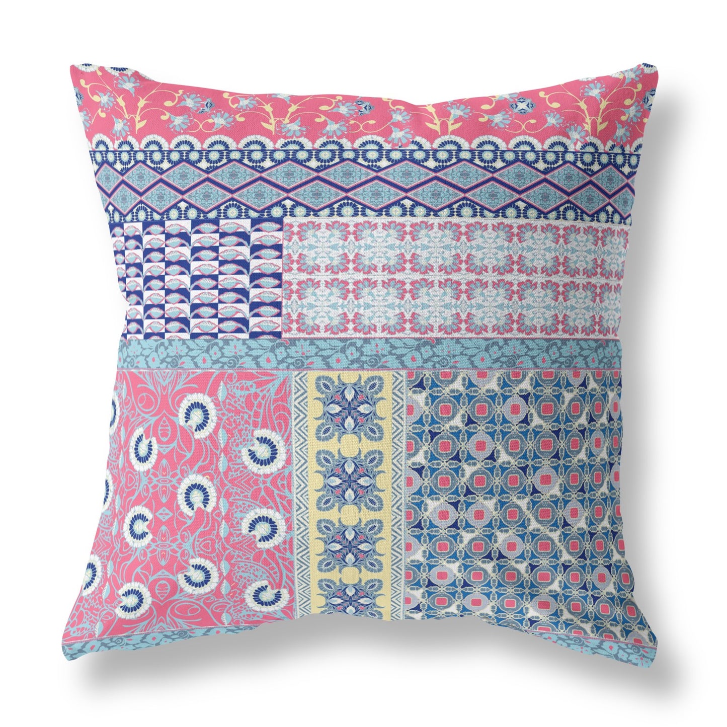 18"X18" Blue And Pink Microsuede Patchwork Blown Seam Pillow