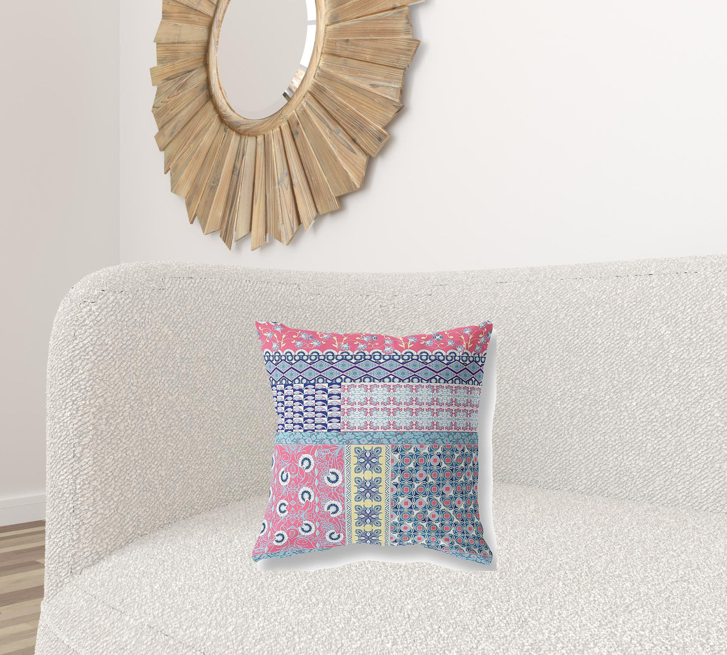 18"X18" Blue And Pink Microsuede Patchwork Blown Seam Pillow