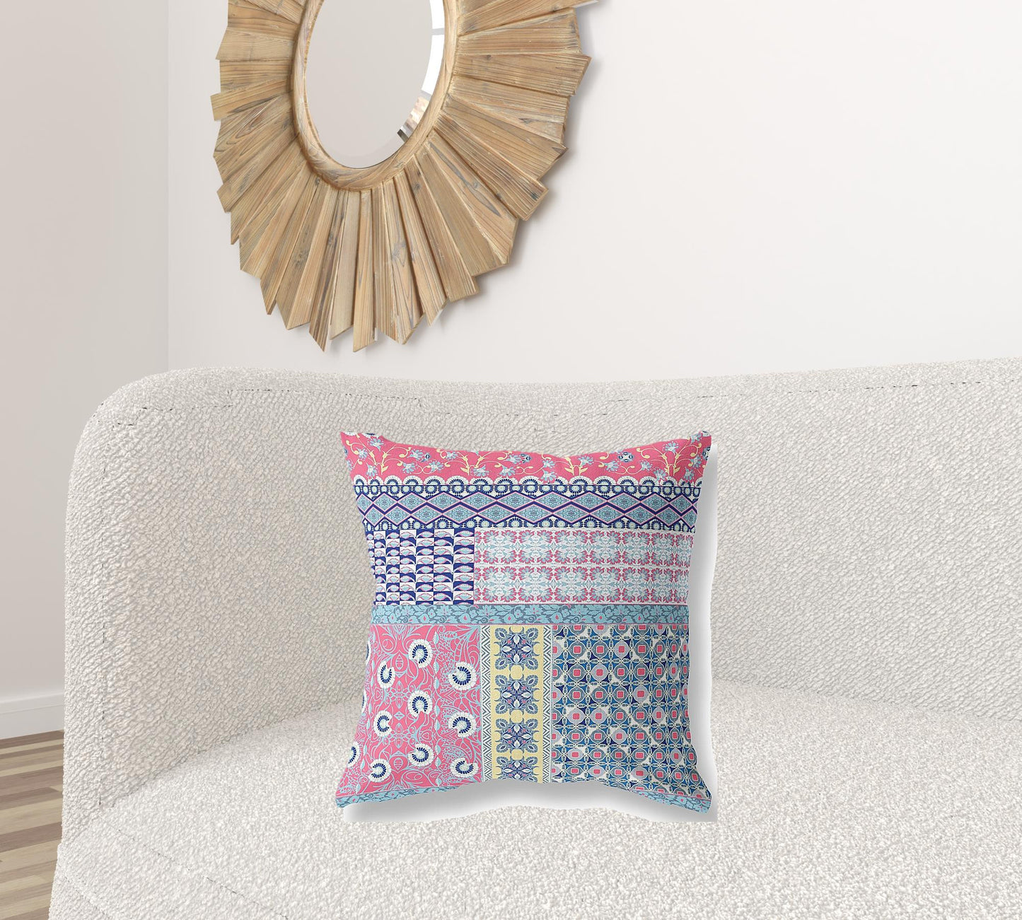 18"X18" Blue And Pink Microsuede Patchwork Blown Seam Pillow