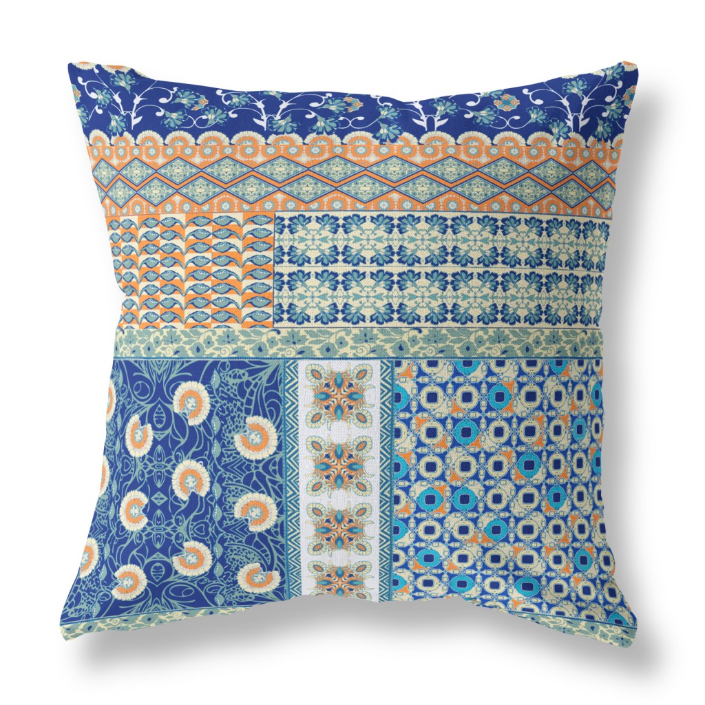 16"X16" Blue And Orange Microsuede Patchwork Blown Seam Pillow