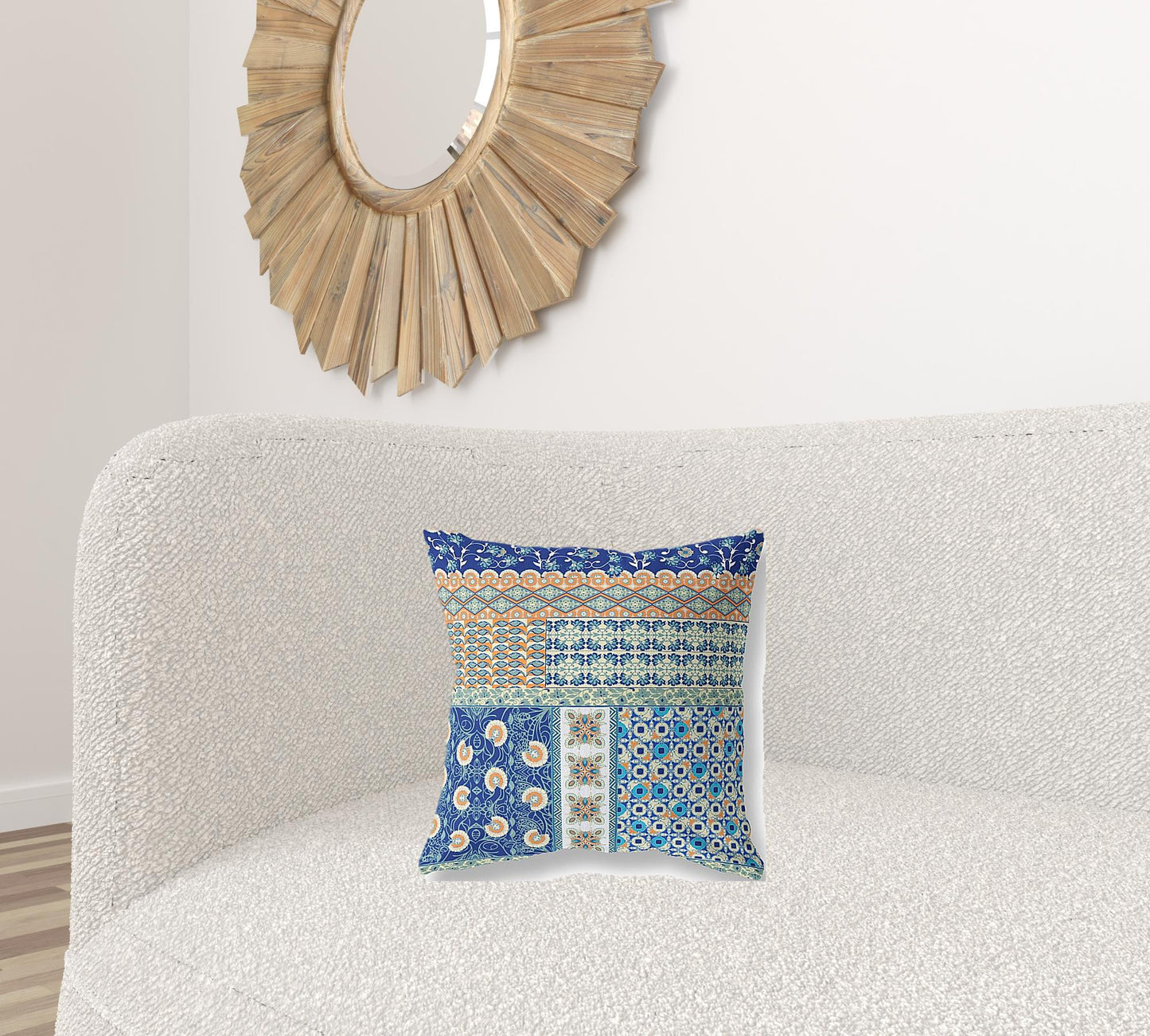 16"X16" Blue And Orange Microsuede Patchwork Blown Seam Pillow