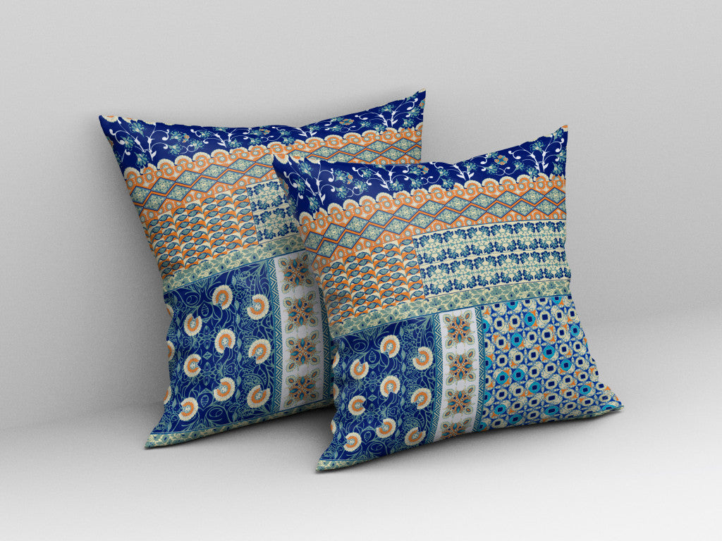 18"X18" Blue And Orange Microsuede Patchwork Blown Seam Pillow