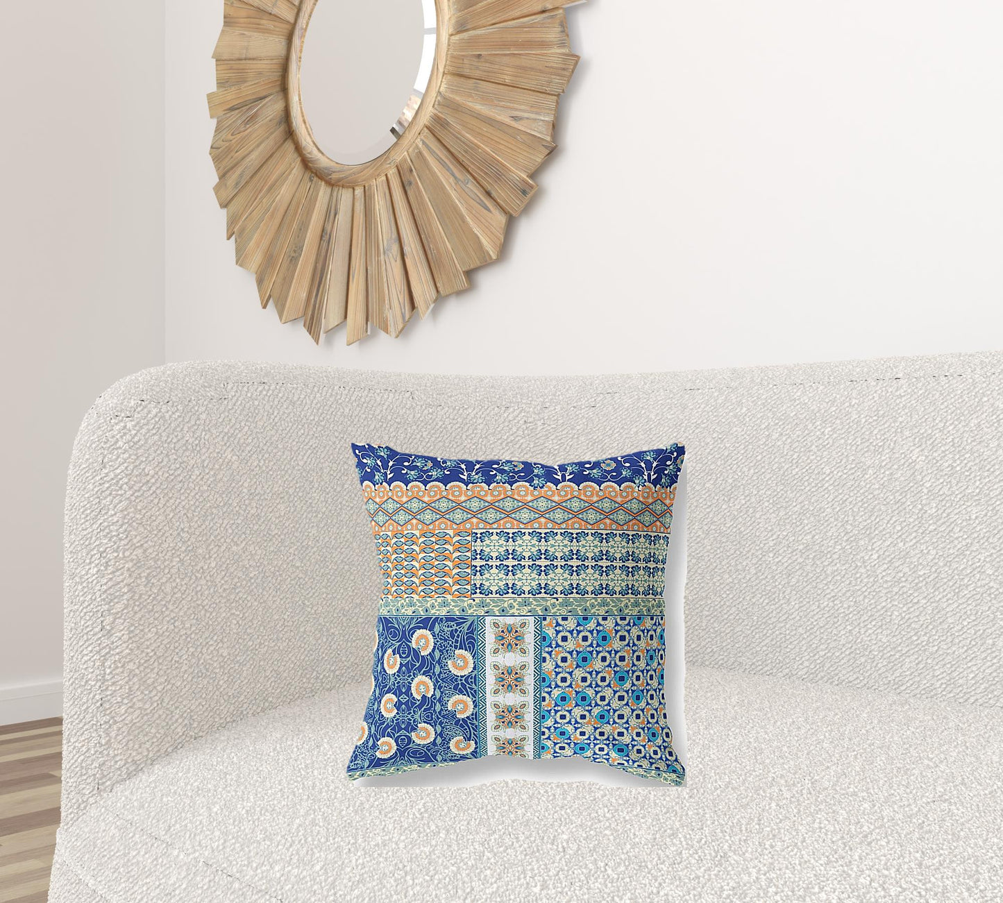 18"X18" Blue And Orange Microsuede Patchwork Blown Seam Pillow