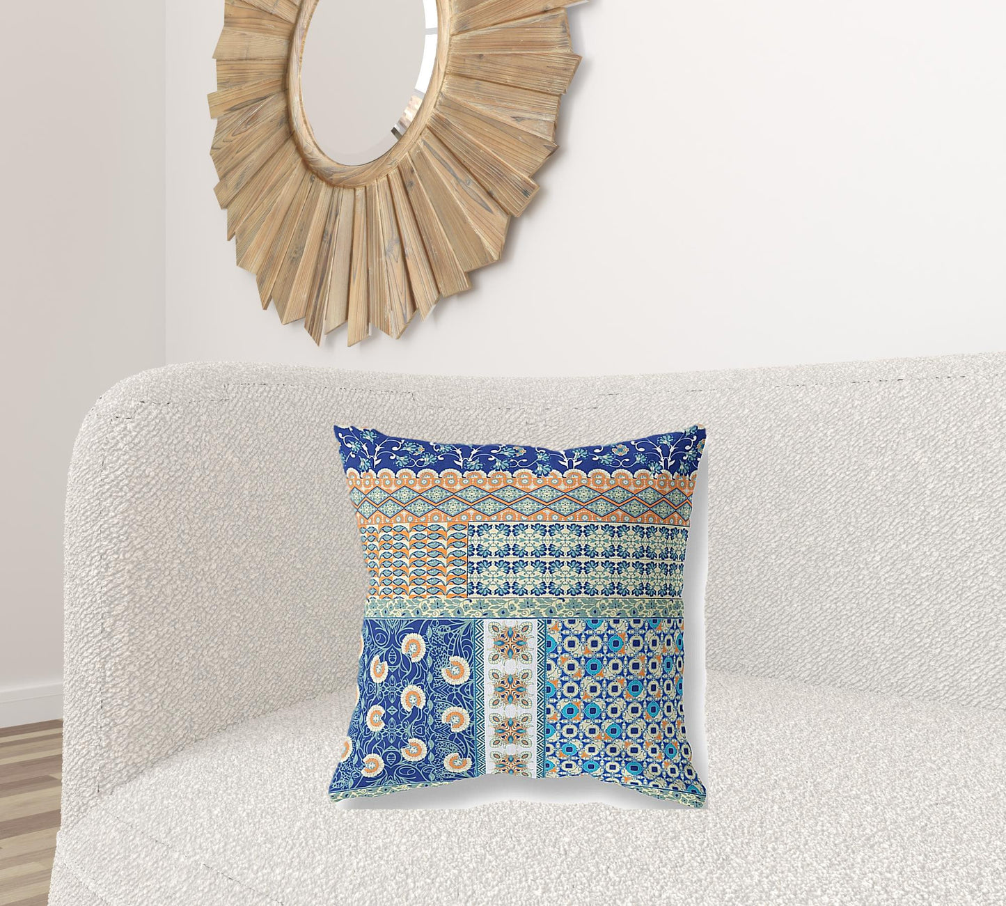 18"X18" Blue And Orange Microsuede Patchwork Blown Seam Pillow