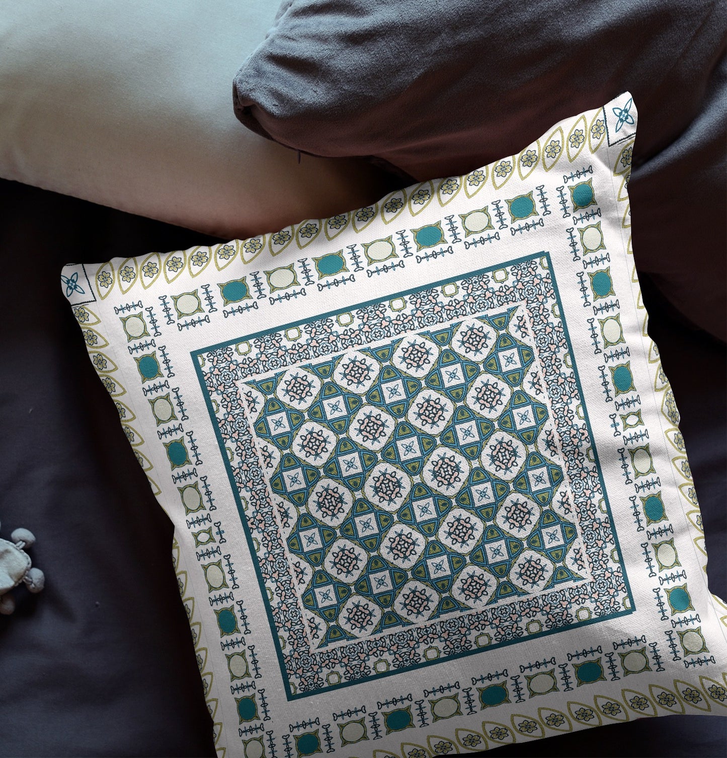 16" X 16" White And Green Floral Blown Seam Suede Throw Pillow