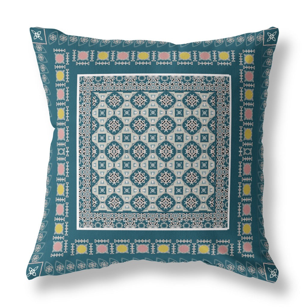 18" X 18" Blue And Beige Floral Blown Seam Suede Throw Pillow