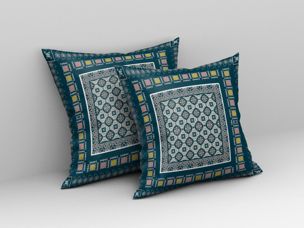 18" X 18" Blue And Beige Floral Blown Seam Suede Throw Pillow
