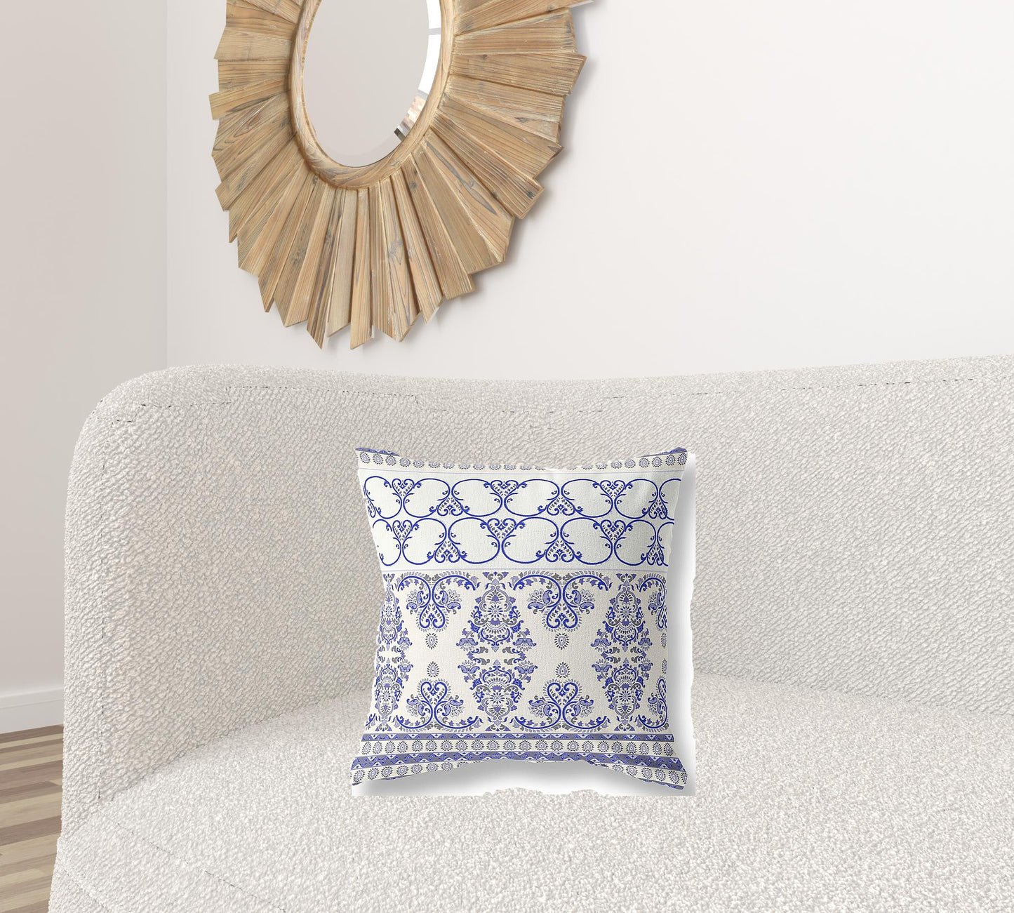 18" X 18" White And Blue Stencil Blown Seam Suede Throw Pillow