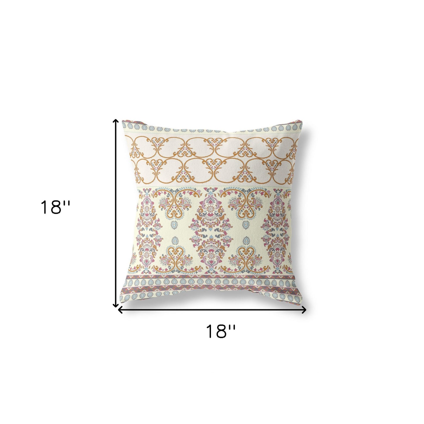 18" X 18" Off White And Orange Stencil Blown Seam Suede Throw Pillow