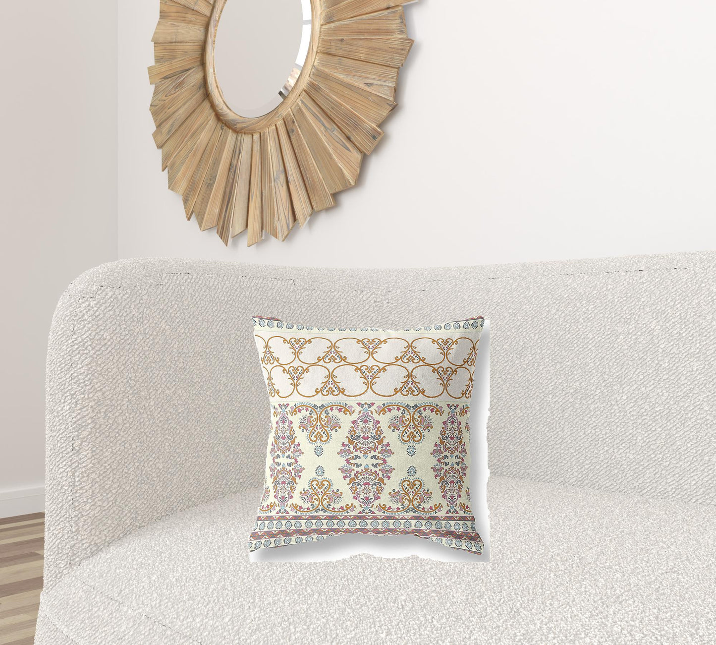 18" X 18" Off White And Orange Stencil Blown Seam Suede Throw Pillow