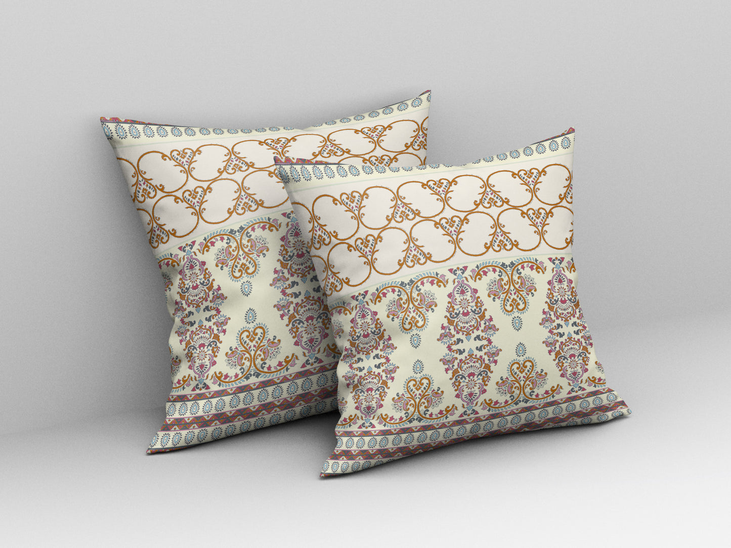 18" X 18" Off White And Orange Stencil Blown Seam Suede Throw Pillow
