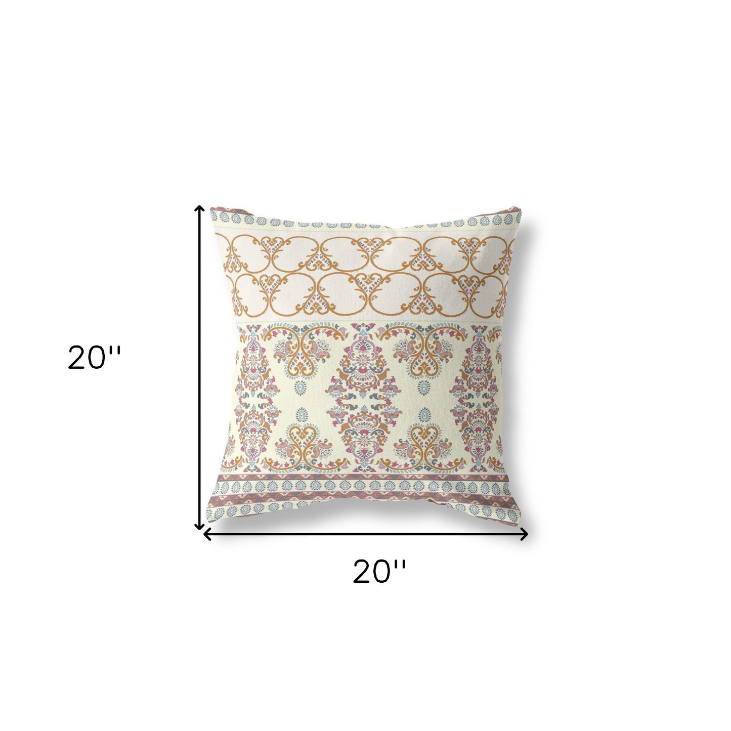 18" X 18" Off White And Orange Stencil Blown Seam Suede Throw Pillow