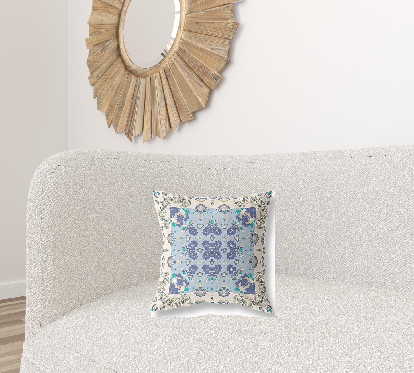 16" X 16" Off White And Blue Floral Blown Seam Suede Throw Pillow