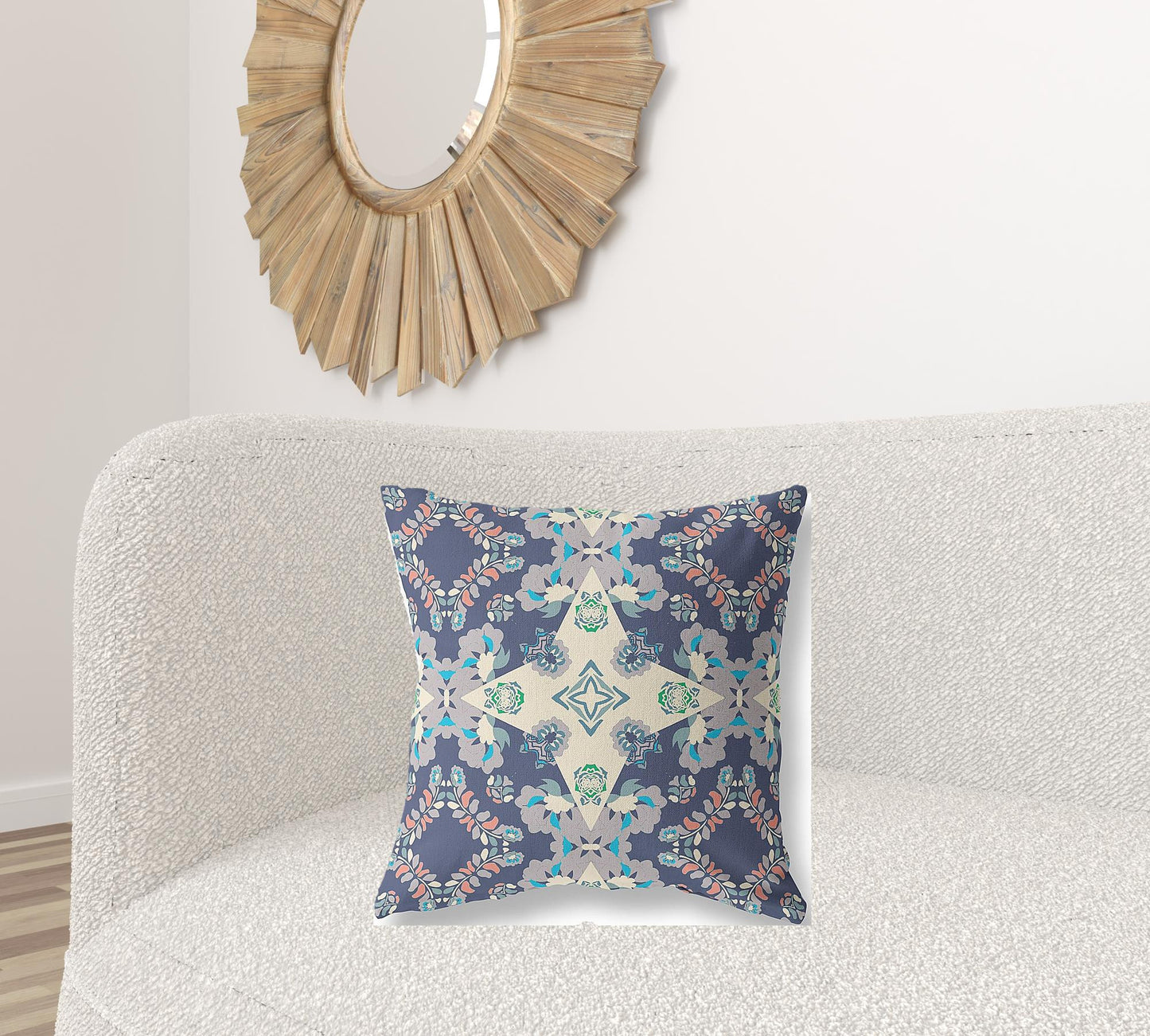 18" X 18" Blue And Off White Floral Blown Seam Suede Throw Pillow
